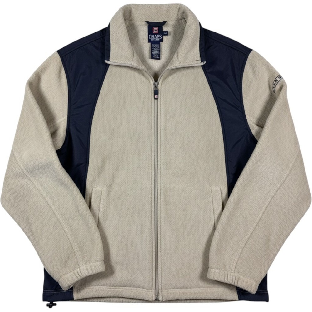Vintage Chaps Fleece Jacket Mens L Tan Navy Nylon Panel Full Zip Y2K